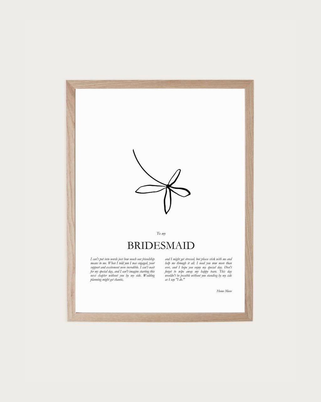 Bridesmaid — framed poetry print with line art by A Home Muse