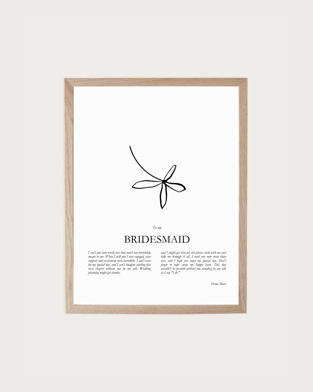 Bridesmaid — framed poetry print with line art by A Home Muse