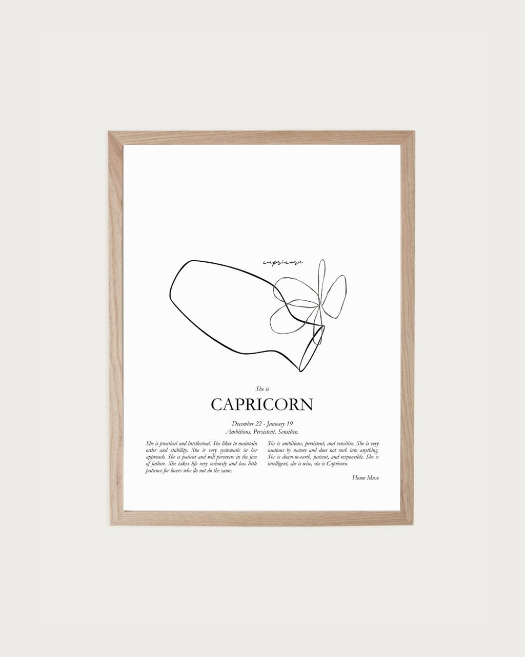 She Is Capricorn — framed poetry print with line art by A Home Muse