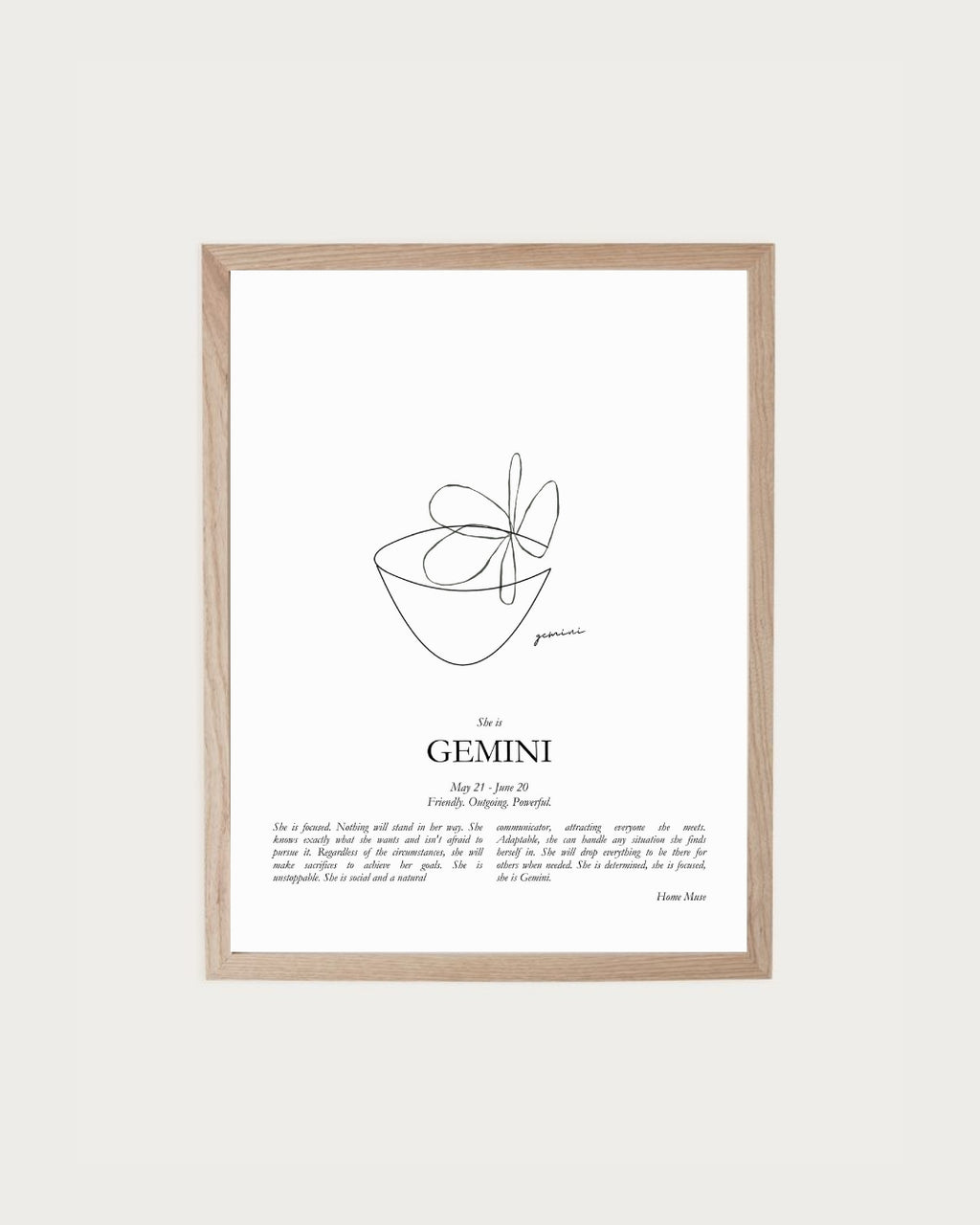 She Is Gemini — framed poetry print with line art by A Home Muse