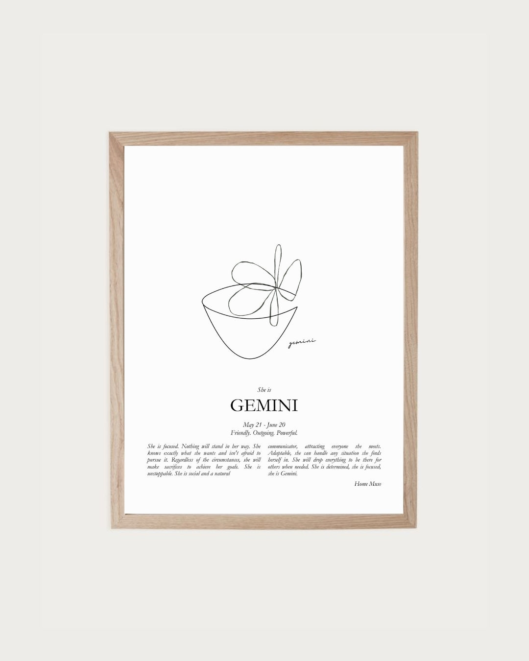 She Is Gemini — framed poetry print with line art by A Home Muse