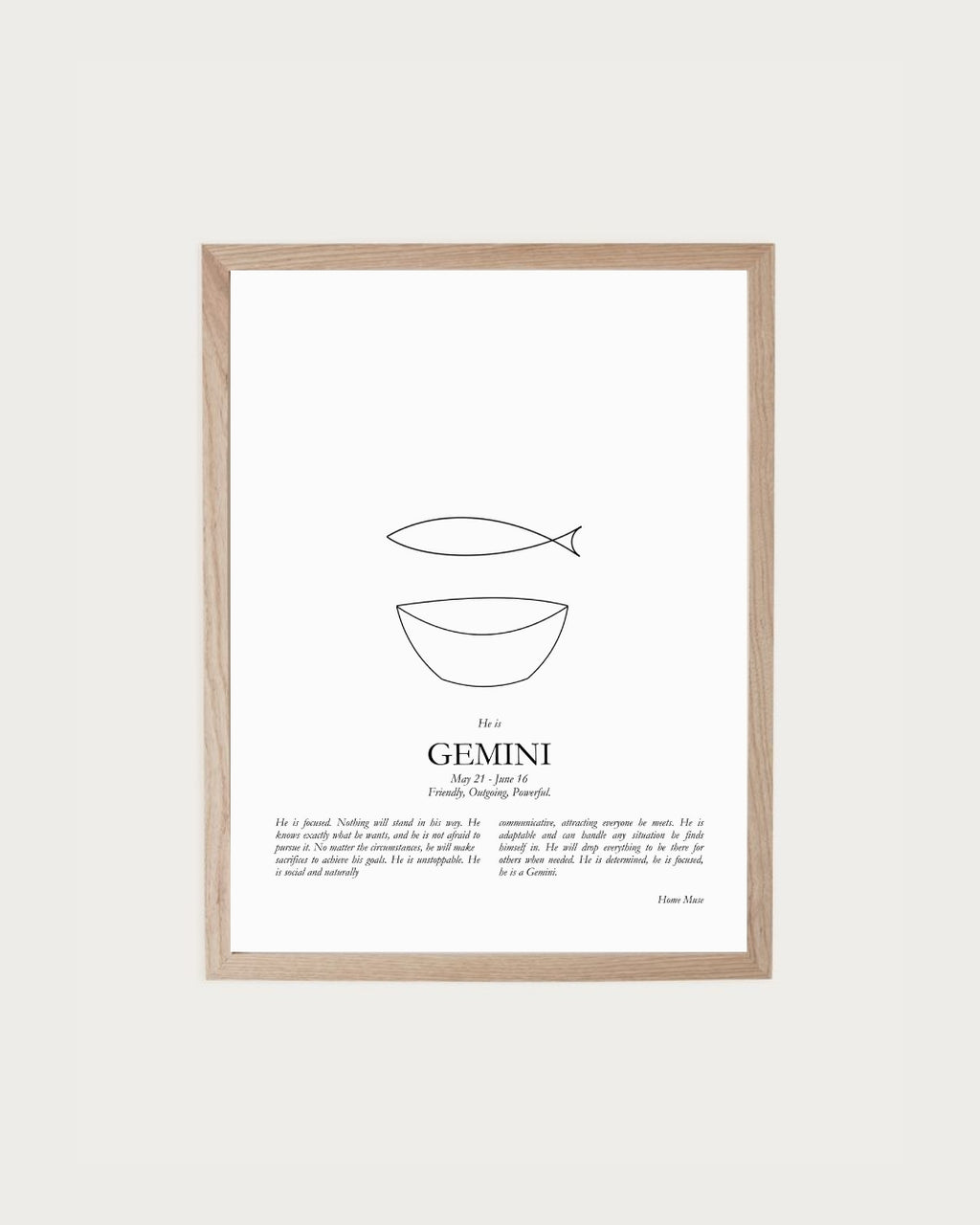 He Is Gemini — framed poetry print with line art by A Home Muse