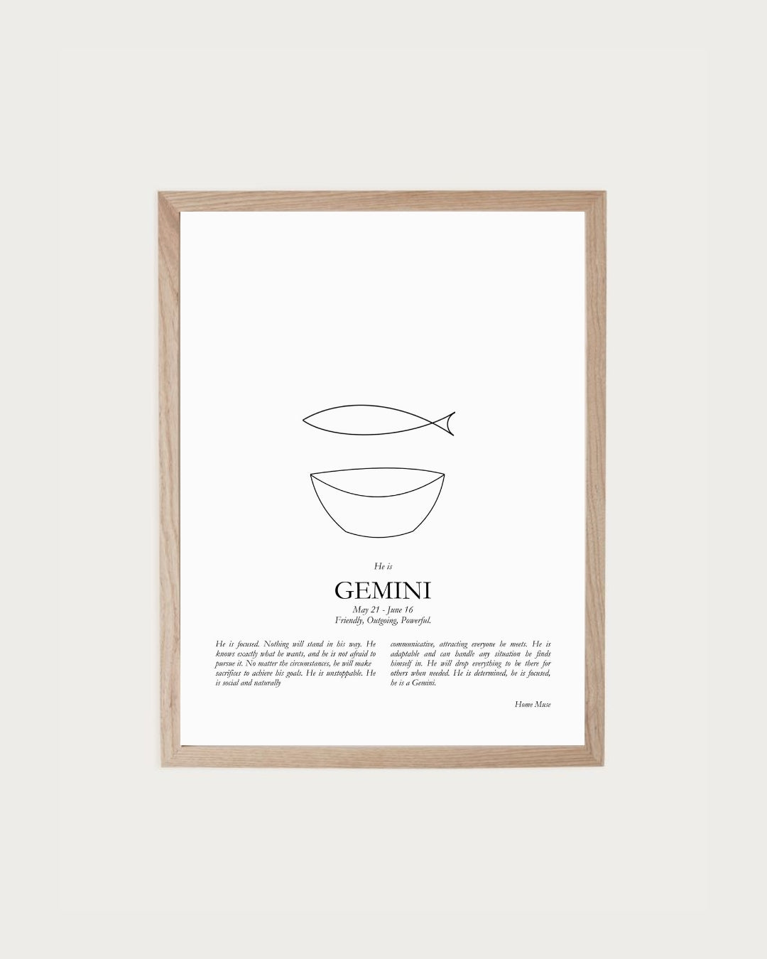 He Is Gemini — framed poetry print with line art by A Home Muse