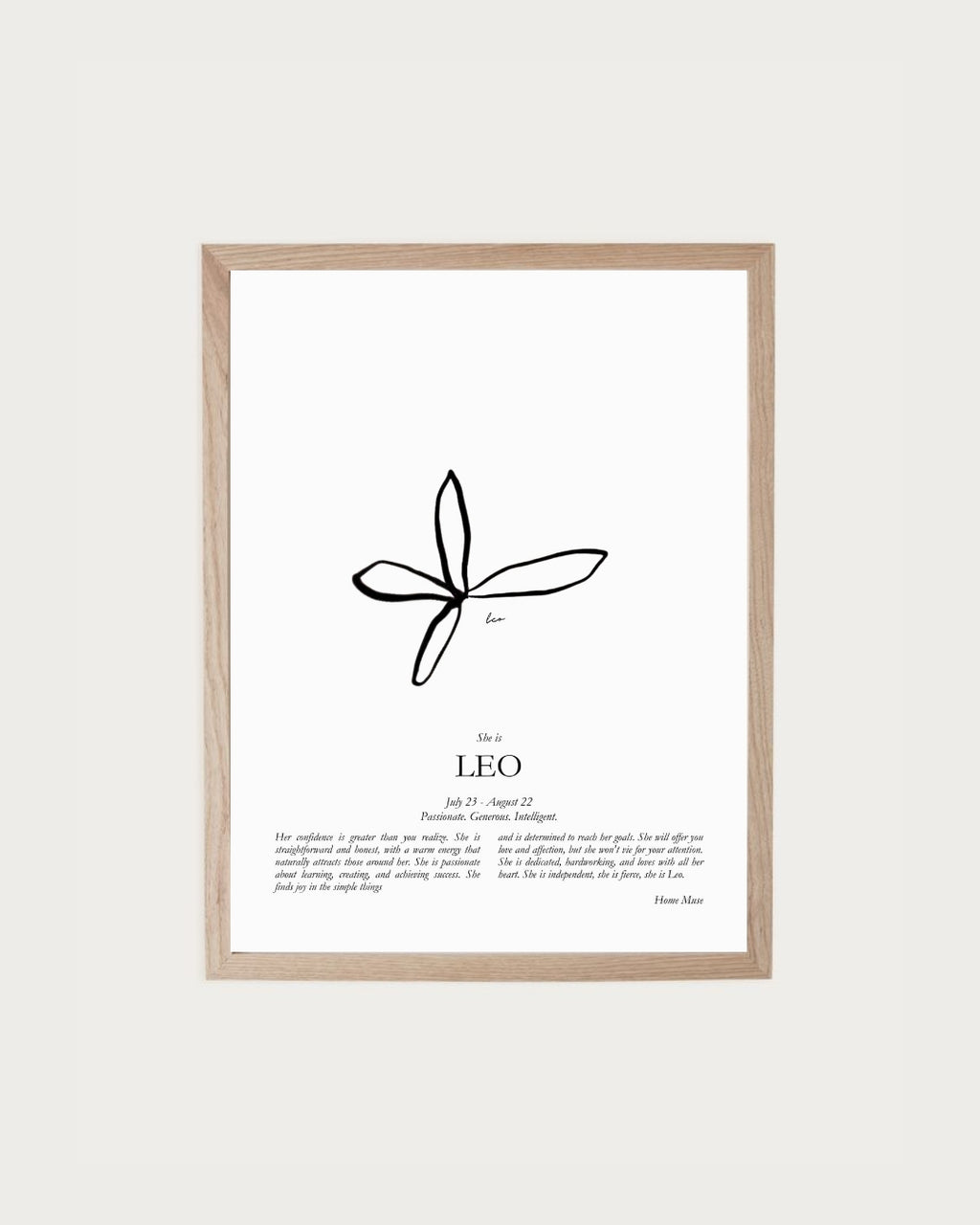 She Is Leo — framed poetry print with line art by A Home Muse