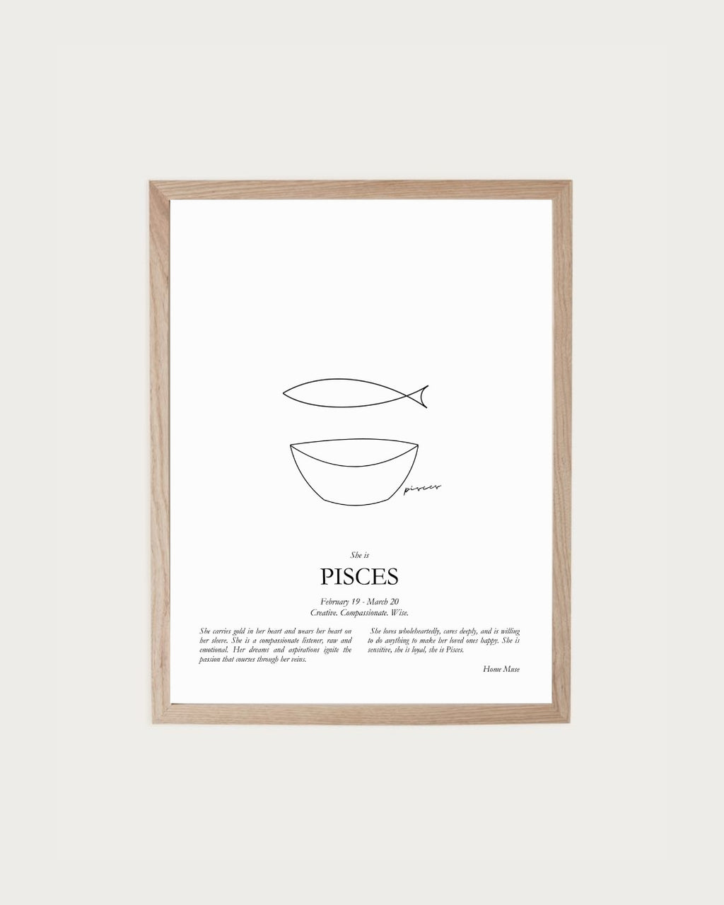 She Is Pisces — framed poetry print with line art by A Home Muse