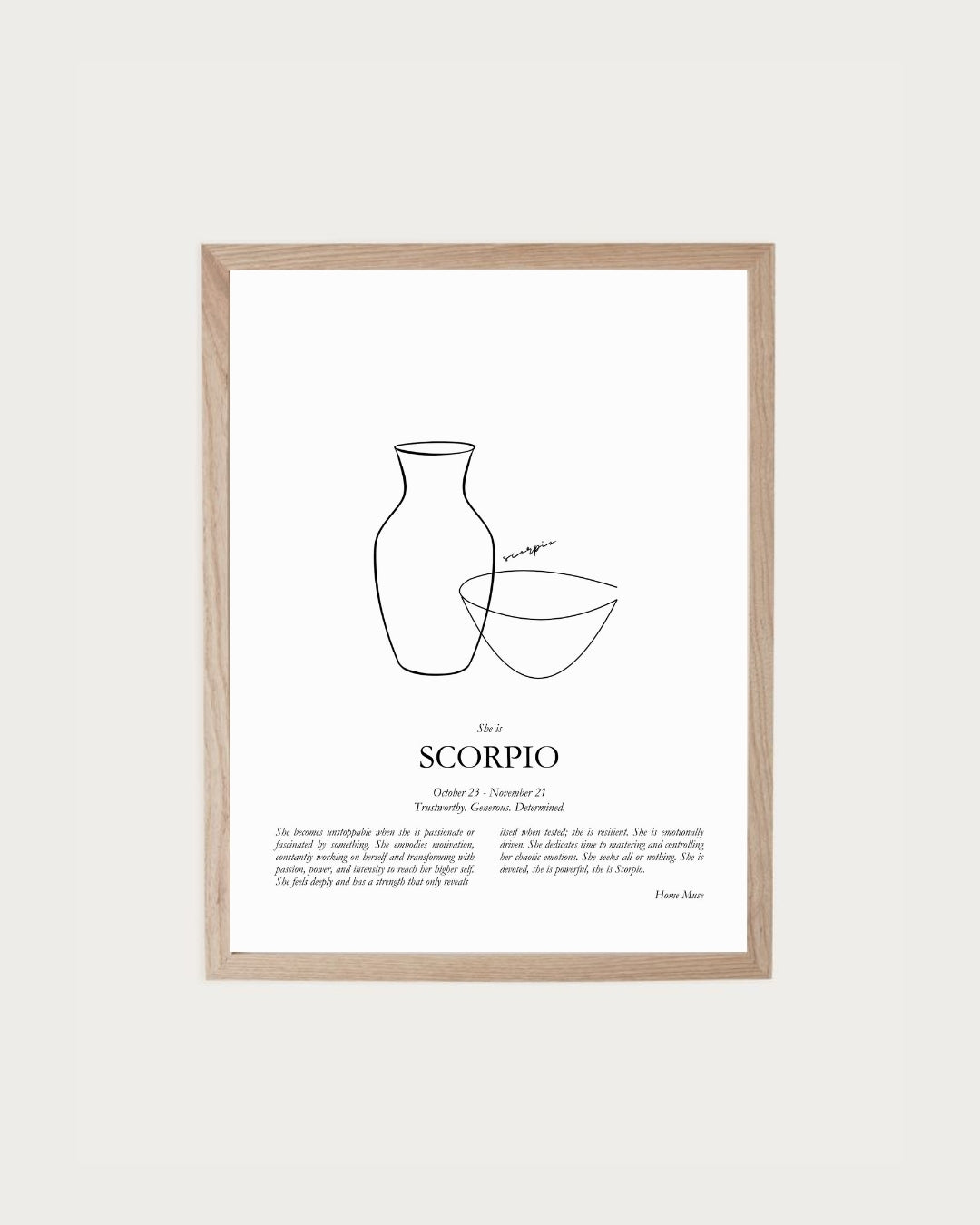 She Is Scorpio — framed poetry print with line art by A Home Muse
