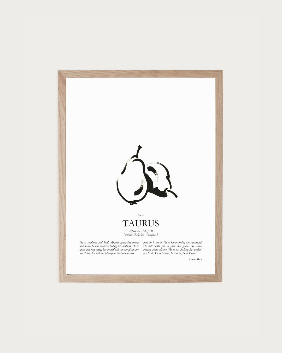 He Is Taurus — framed poetry print with line art by A Home Muse