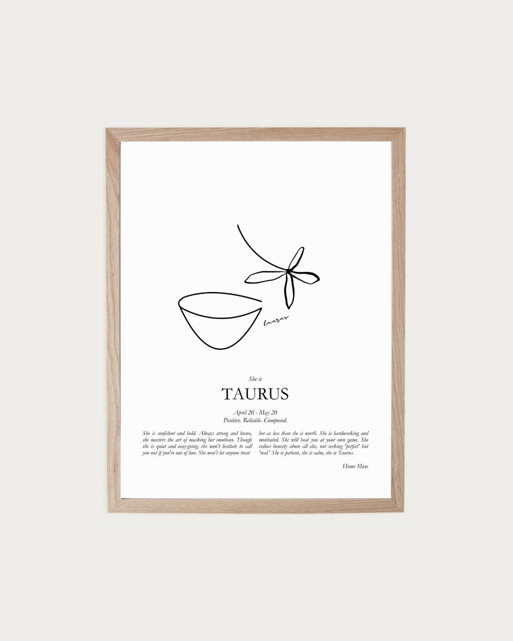 She Is Taurus — framed poetry print with line art by A Home Muse