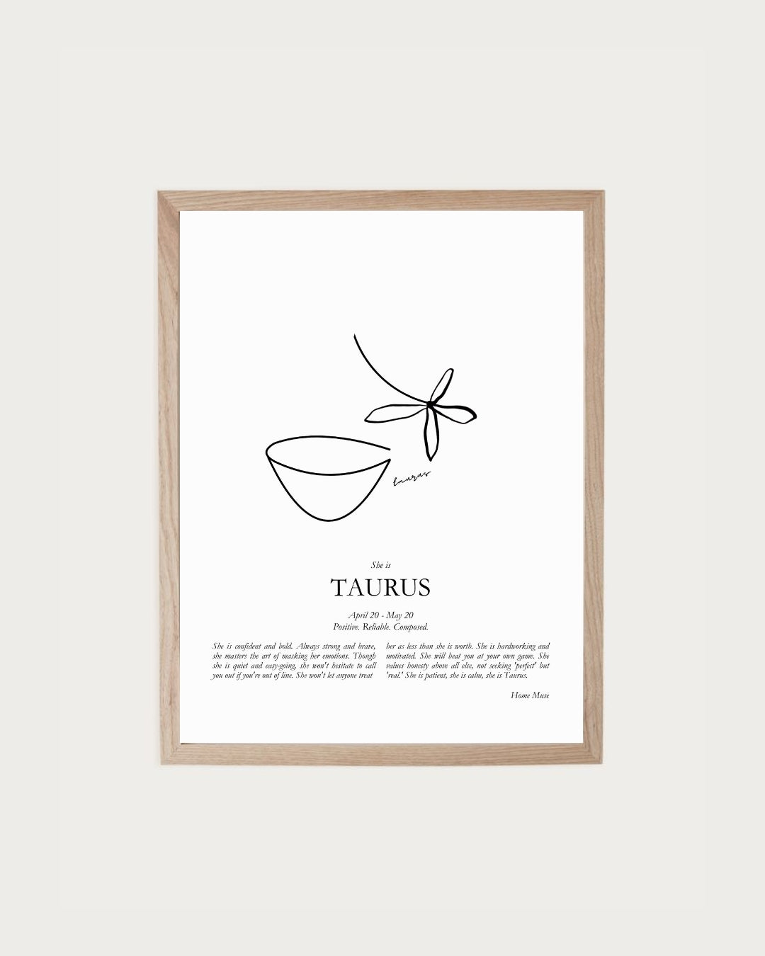 She Is Taurus — framed poetry print with line art by A Home Muse